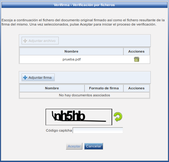 Pantalla de selección de ficheros de documento y firma
